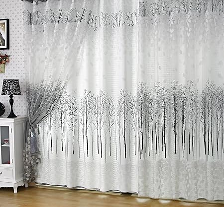 Elleweideco Modern Tree Branch White Grey Window Sheer Curtains