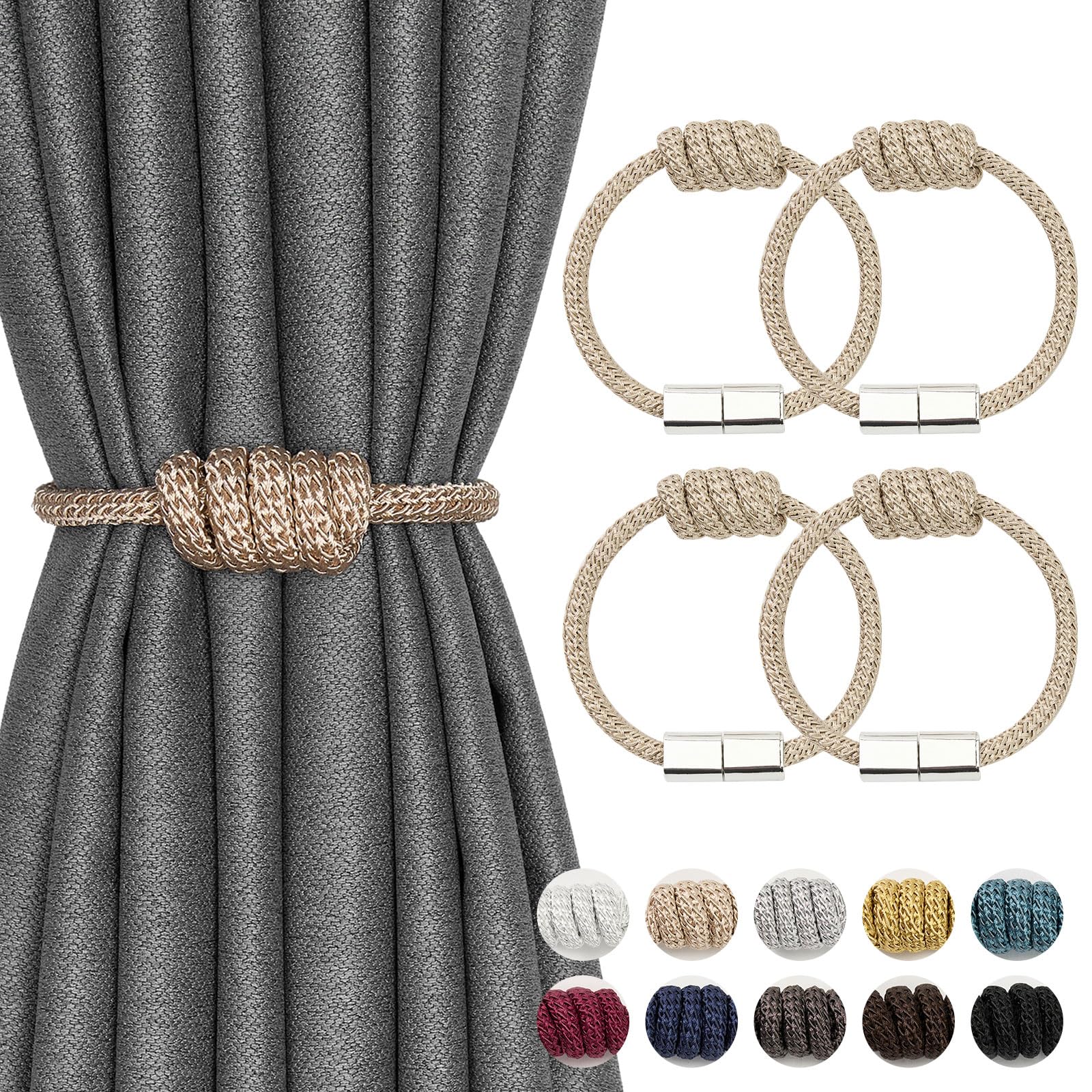 Pretty Jolly 4 Pack Mini Magnetic Curtain Tiebacks Modern Simple Style Drape Tie Backs Elegant Hand Weave Rope Knot Decorative Curtain Holdbacks for Home & Office Window Drapery (Beige)