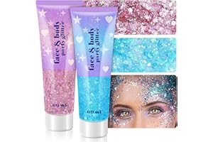 LINWULTE Body Glitter Gel, 2 Jars Holographic Chunky Glitter Makeup for Body, Hair, Face, Nail, Lip, Eyeshadow, Total 120ML Long Lasting Iridescent Chunky Glitter for Concert Festival Rave (Pink & Blue)