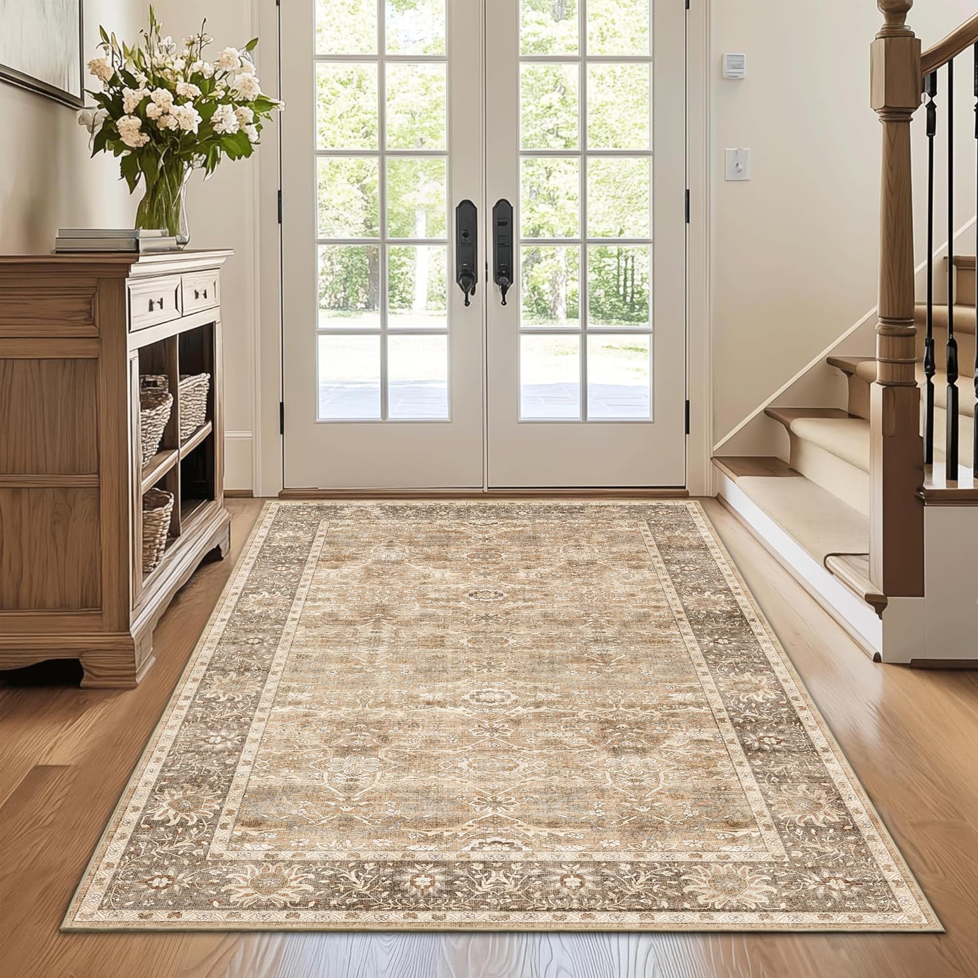 Photo 1 of 4x6 Washable Area Rug for Living Room Bedroom Dining Room Non-Slip Low Pile Boho Vintage Distressed Entryway Rug Traditional Floral Retro Accent Throw Carpet for Dining Room Bathroom Kitchen Beige1050842370