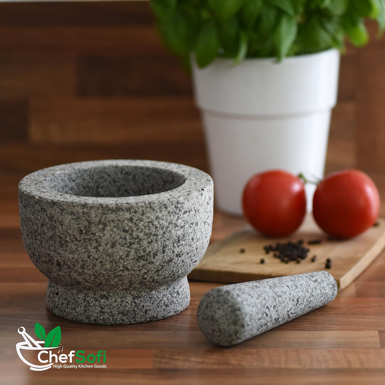 ChefSofi Mortar and Pestle Set - 6 Inch - 2 Cup Capacity - Unpolished Heavy Granite for Enhanced Performance and Organic Appearance - INCLUDED: Anti-Scratch Protector + Italian Recipes EBook: Kitchen & Dining