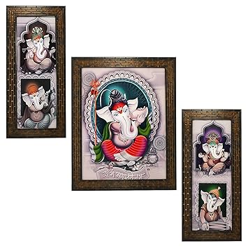 Indianara 3 PC Set of Lord Ganesha Paintings (1415) Without Glass 5.2 X 12.5, 9.5 X 12.5, 5.2 X 12.5 inch
