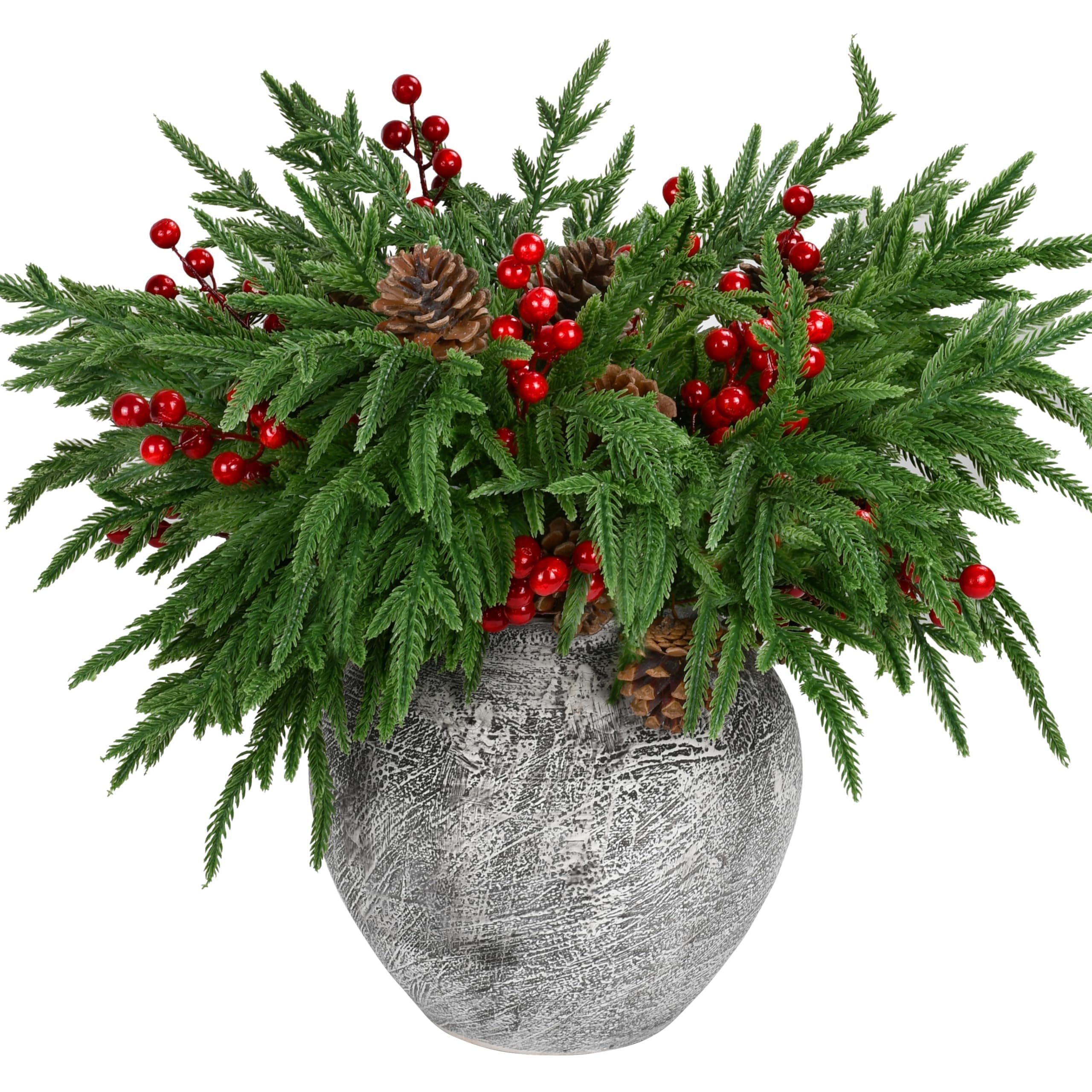 Photo 1 of 12 Pcs Artificial Norfolk Pine Stems, 17.7 Inches Realistic Touch Norfolk Branch with 24 Big Pinecones and 24 Red Berry Picks Christmas Faux Greenery Faux Sprigs for Xmas Indoor Outdoor Home Décor