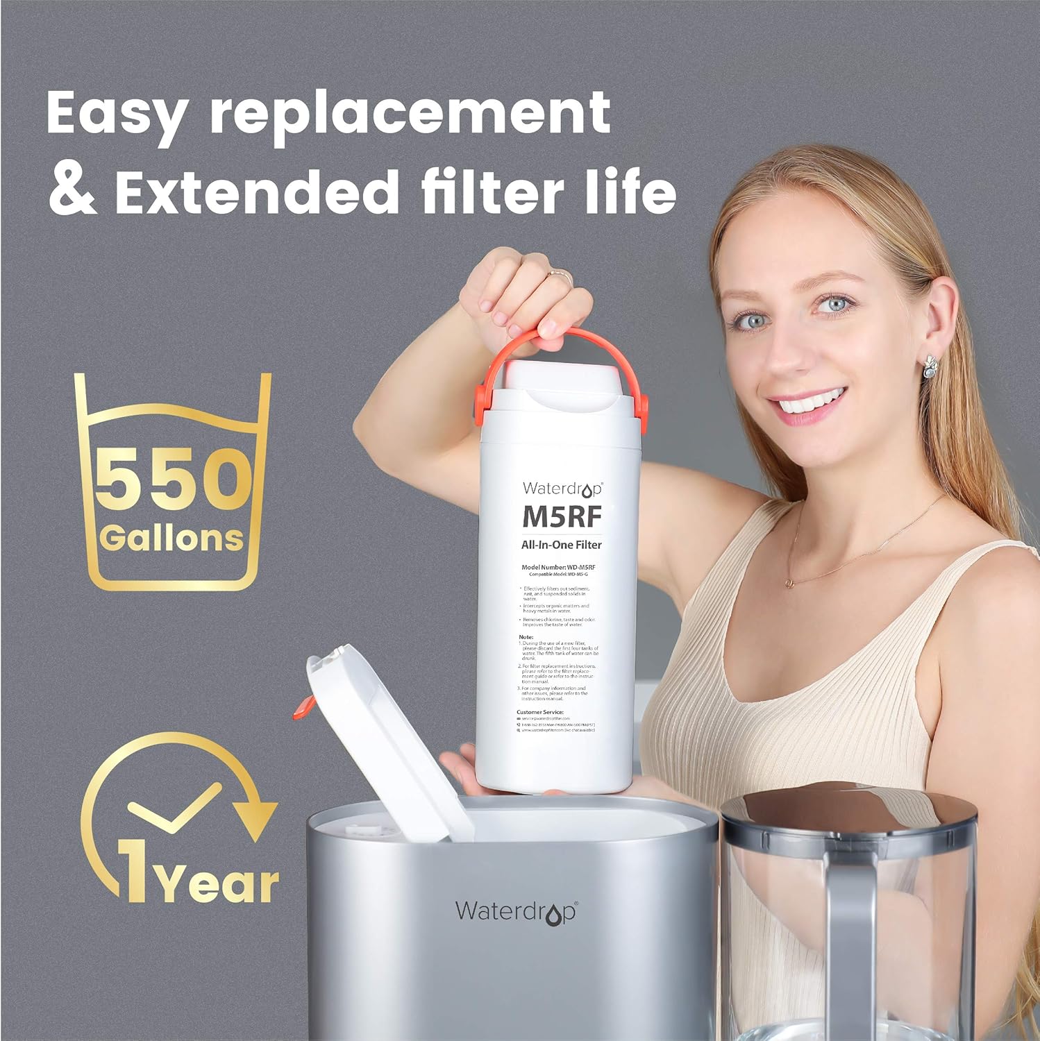 Waterdrop Countertop RO Reverse Osmosis Drinking Water Filtration System with Portable Water Pitcher, 5 Stages All-in-One RO Water Filter, TDS Reduction, Tankless, No Electricity, No Pump, Gray - - 