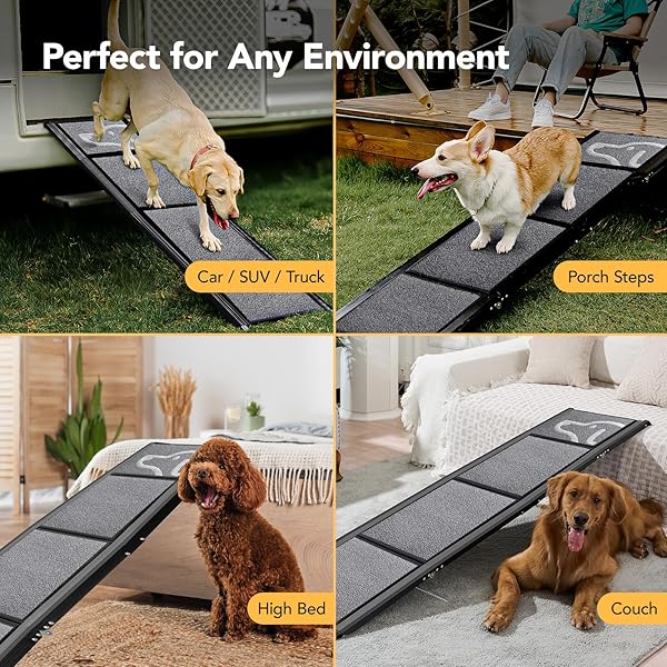 PETTHEM DOG RAMP FOR CAR 71” X-LONG & 17.2″ WIDE FOLDING DOG RAMPS FOR LARGE DOGS WITH NON-SLIP RUG SURFACE PORTABLE DOG CAR RAMP FOR SUV CAR & TRUCK, OUTDOOR DOG RAMP UP TO 250 LBS