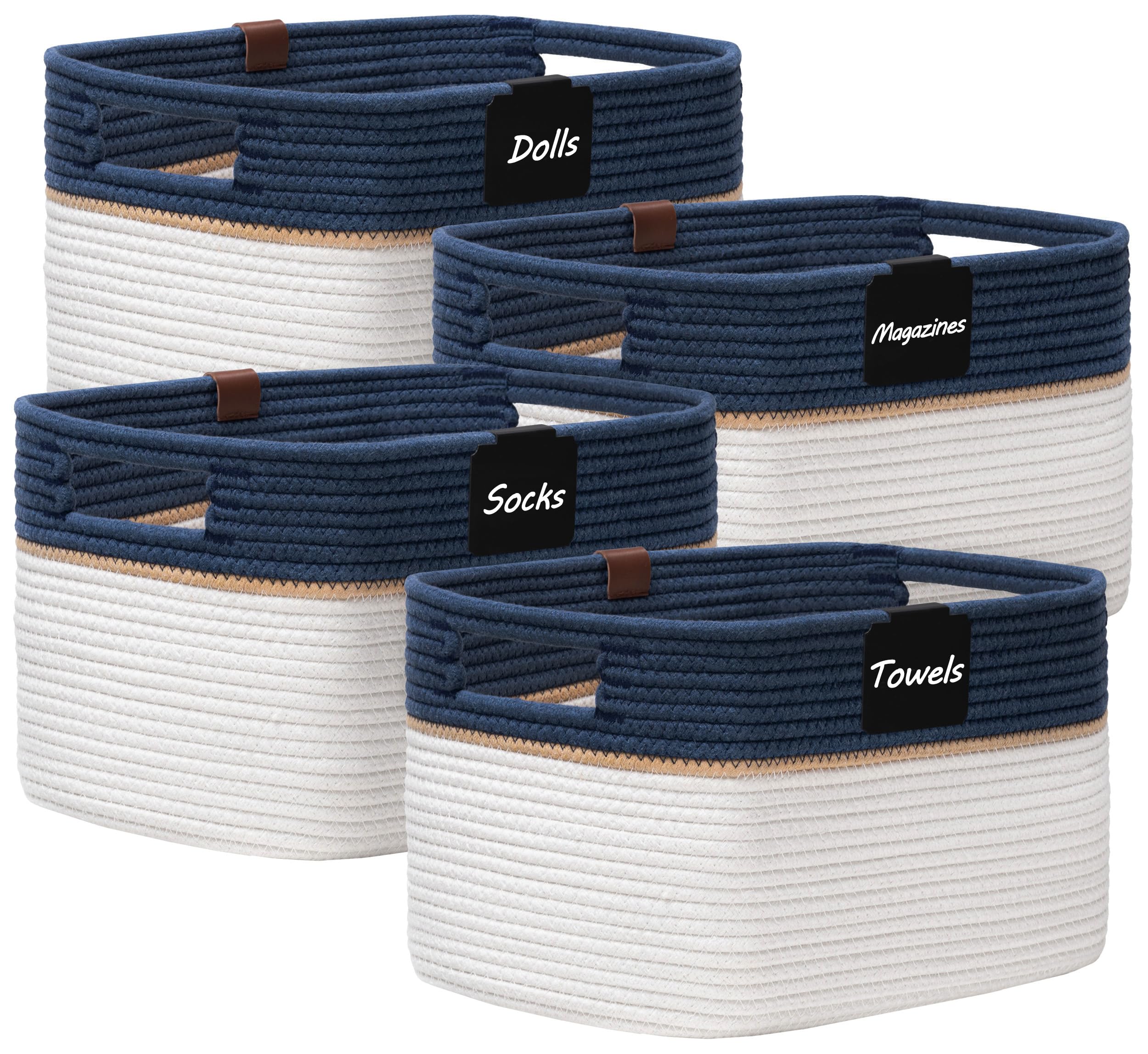 Photo 1 of UBBCARE 4 Pack Baskets for Organizing, Woven Storage Baskets with Label for Toys and Towel, Rectangle Cotton Rope Basket with Handles, 15''L x10''W x9''H, Navy Blue&White