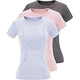 3 Pack Seamless Workout Shirts for Women - Moisture Wicking Quick-Dry Active Athletic Women's Gym Performance T Shirts