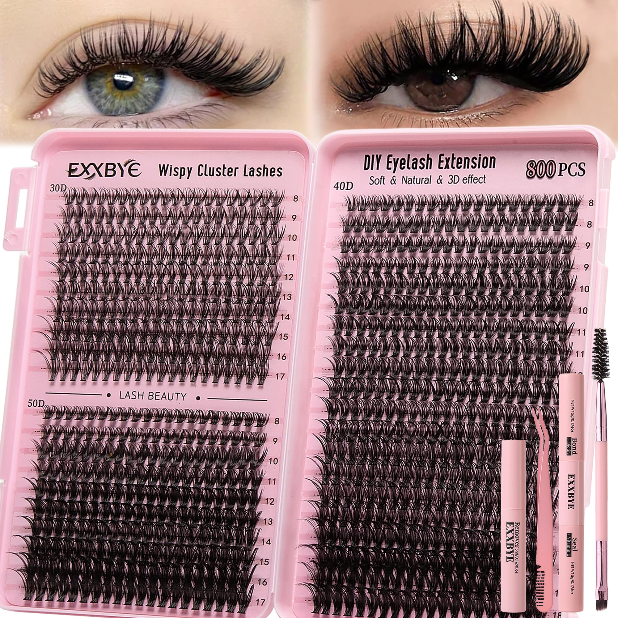 Photo 1 of Wispy Lash Clusters Kit 800pcs Lash Extension Kit DIY Eyelash Clusters 30D&40D&50D Lashes Clusters 8-18mm With Lash Bond and Seal, Lash Tweezers, Lash Remover?Lash Brush
