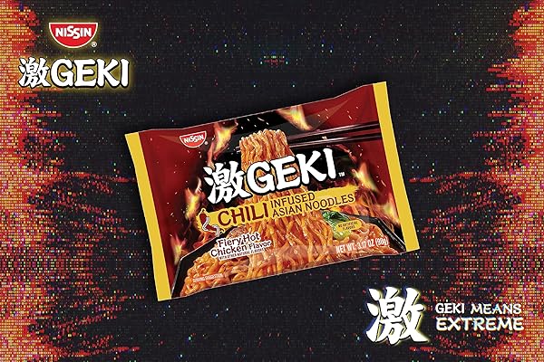 NISSIN GEKI CHILI INFUSED ASIAN NOODLES, FIERY HOT CHICKEN FLAVOR, 3.17 OUNCE (PACK OF 12)