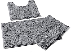 LuxUrux 3 Pieces Bathroom Rugs Set, Non-Slip Shaggy Bathroom Mat Set, Includes U-Shaped Contour Toilet Mat, 20 x 30'' and 16 x 24'' Bath Mat, Machine Washable, Light Grey