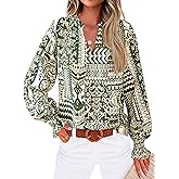 MASCOMODA Womens V Neck Floral Long Sleeve Tops 2026 Summer Casual Loose Puff Sleeve Chiffon Boho Work Blouse Dressy T Shirts
