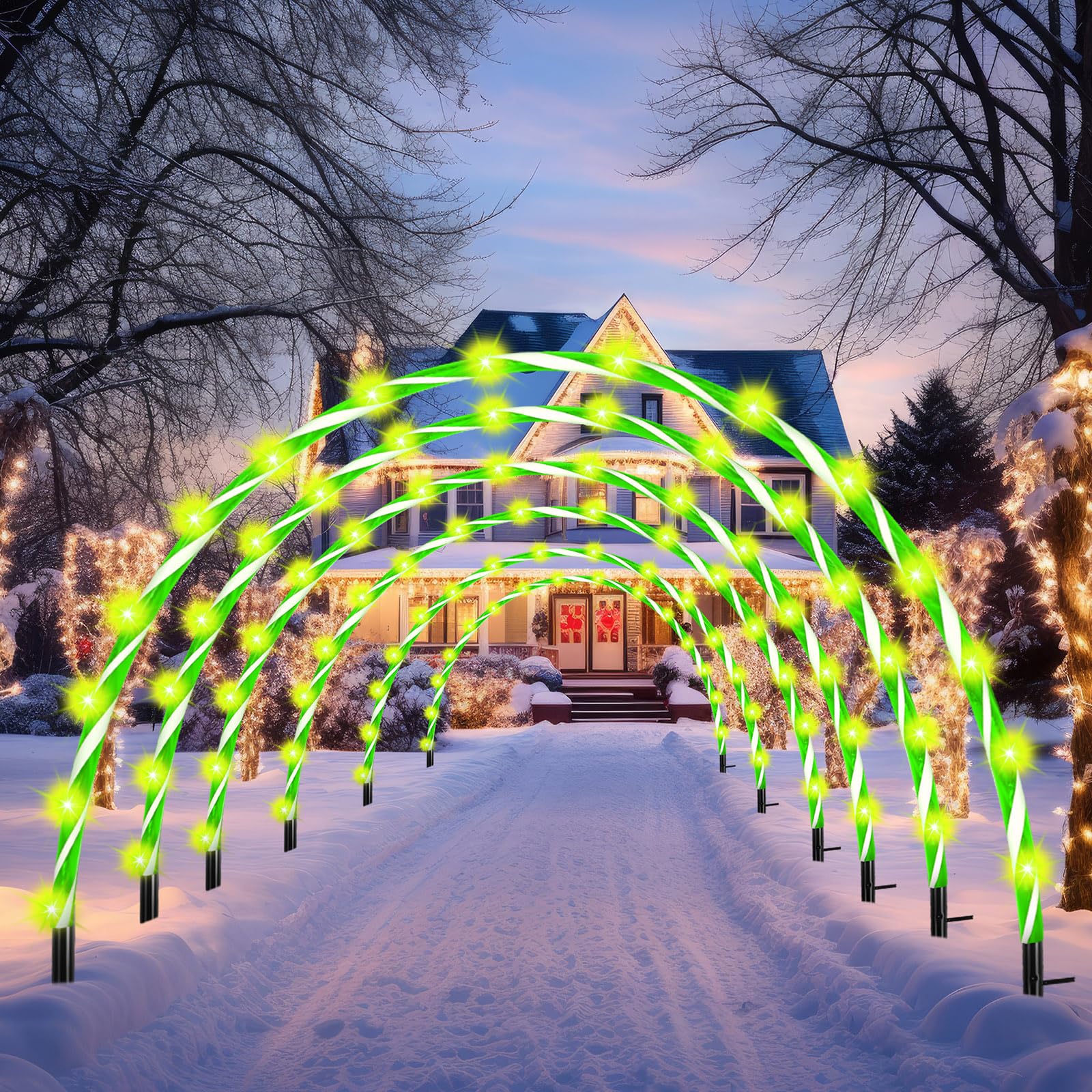 Photo 1 of ***FACTORY SEALED***VIHOSE 10ft Christmas Candy Light Arch LED Christmas Outdoor Arches Decor with Flasher Modes Xmas Candy Cane Pathway Markers Lights for Holiday Wedding Yard Lawn Decor(6 Pcs,Green White Stripe)