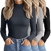 Oakgarden 3 Pack Women's Cotton Long Sleeve Mock Turtleneck Tops Ribbed Lettuce Trim Slim Fit Shirts Thermal Base Layer
