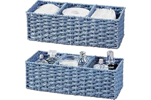 Vagusicc 3-Section Wicker Storage Basket, Hand-Woven Paper Rope Wicker Baskets,Toilet Paper Basket for Toilet Tank Top, Small Wicker Baskets for Organizing, 2-Pack, Blue
