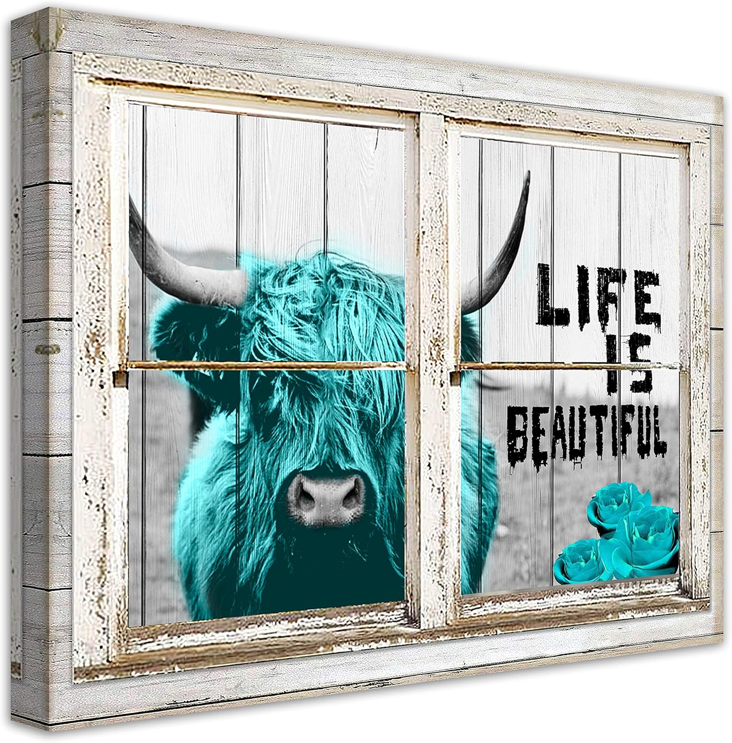 Rustic Cow Wall Art Window Style Canvas Print Teal Highland Cow Animal