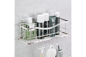 KINCMAX Premium Shower Caddy - Adhesive Bathroom Shower Organizer and Storage w/ 4 Hooks, No Drill Shower Shelves for Inside Shower, Rustproof Stainless Steel Shower Rack, Accessories Holder, Silver