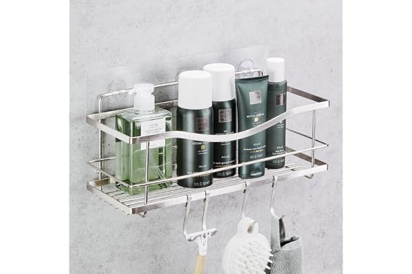 KINCMAX Shower Shelf - Self Adhesive Shower Caddy with 4 Hooks - No Drill Large Capacity Stainless Steel Rack - Aesthetic Org