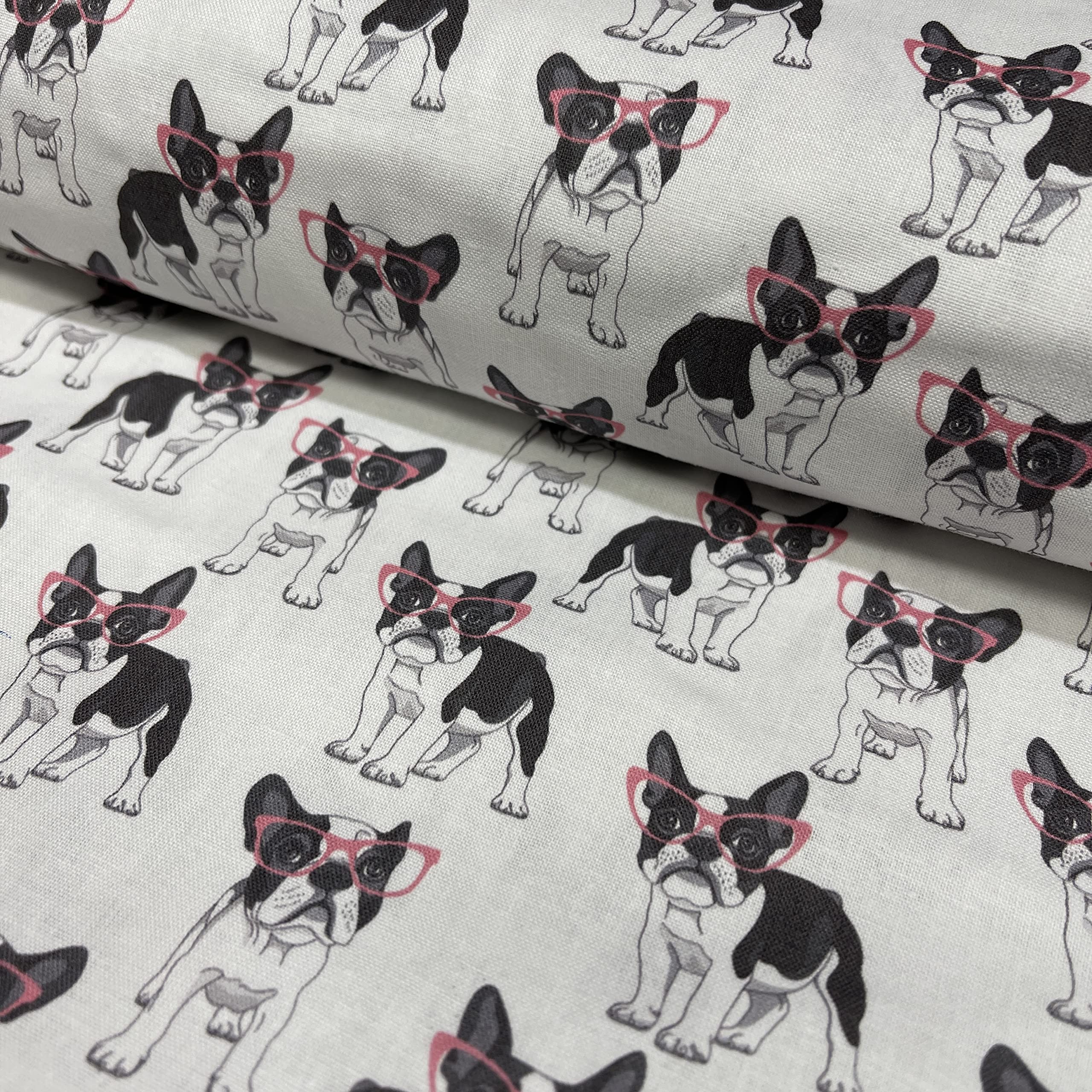Digital Printed 100% Cotton Quilting Crafting Dressmaking Fabric 110cm Wide (1 Meter Pack, White Boston Terrier)