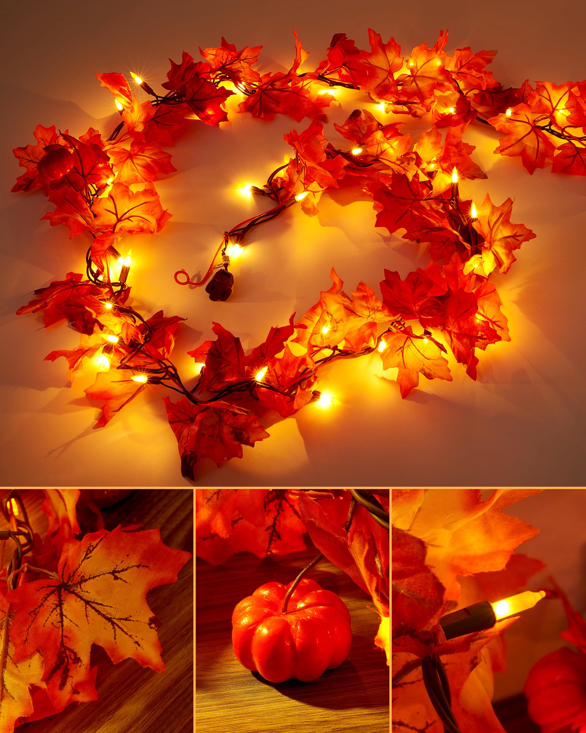 Photo 1 of 11FT Fall Garland with Lights, Plug in Fall Lights 50 Bulbs Connectable Maple Leaves Lights with Pumpkin, Fall Decor Lights for Outdoor Indoor Halloween Thanksgiving Holidays