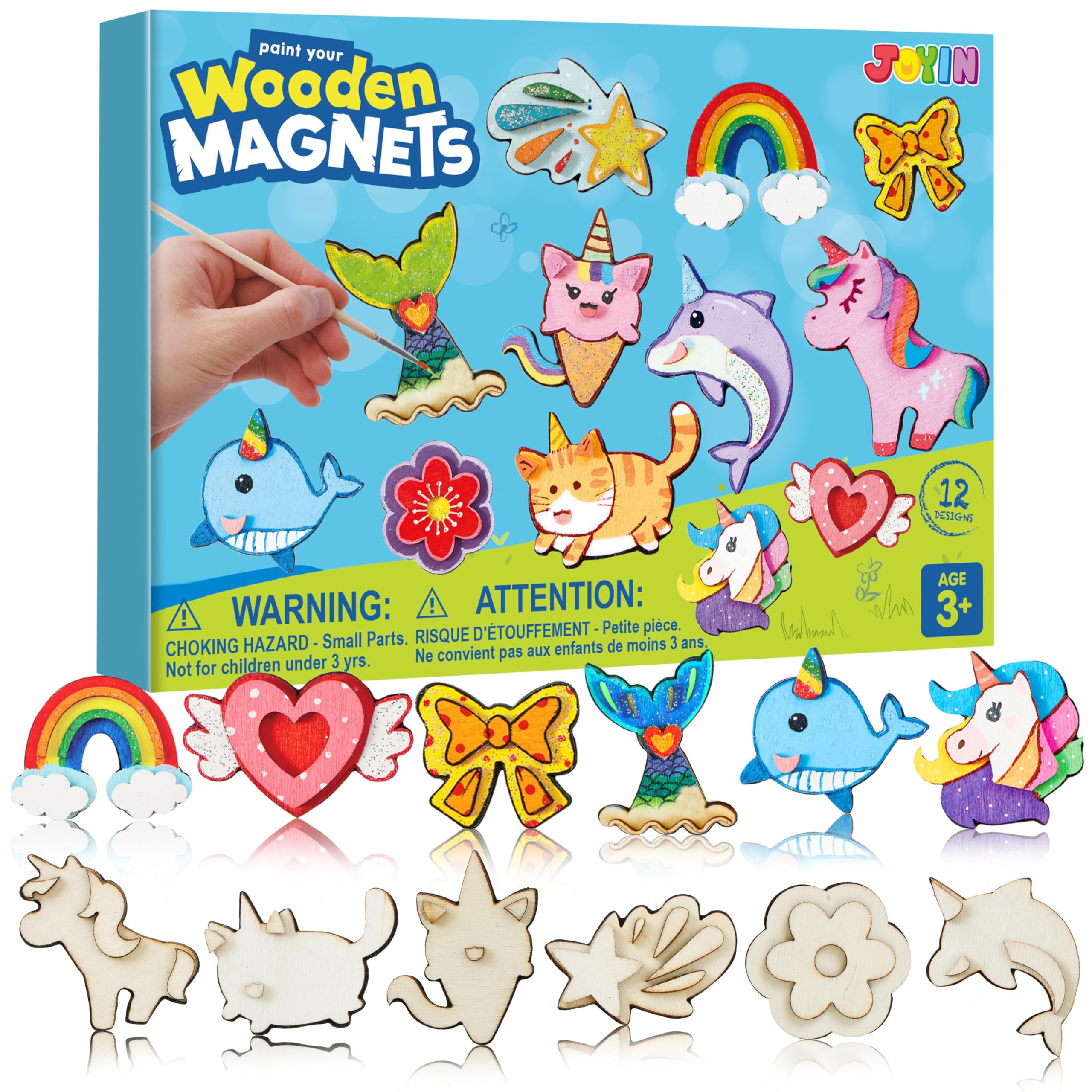 JOYIN 12PCS Wooden Magnets,Arts and Crafts for Kids Age 3+ Years Old,Painting Kit,Fridge Magnets Craft Kits for Boys Girls,Creative Gifts for Birthday,Easter Crafts,Wooden Crafts for Children(Fantasy)