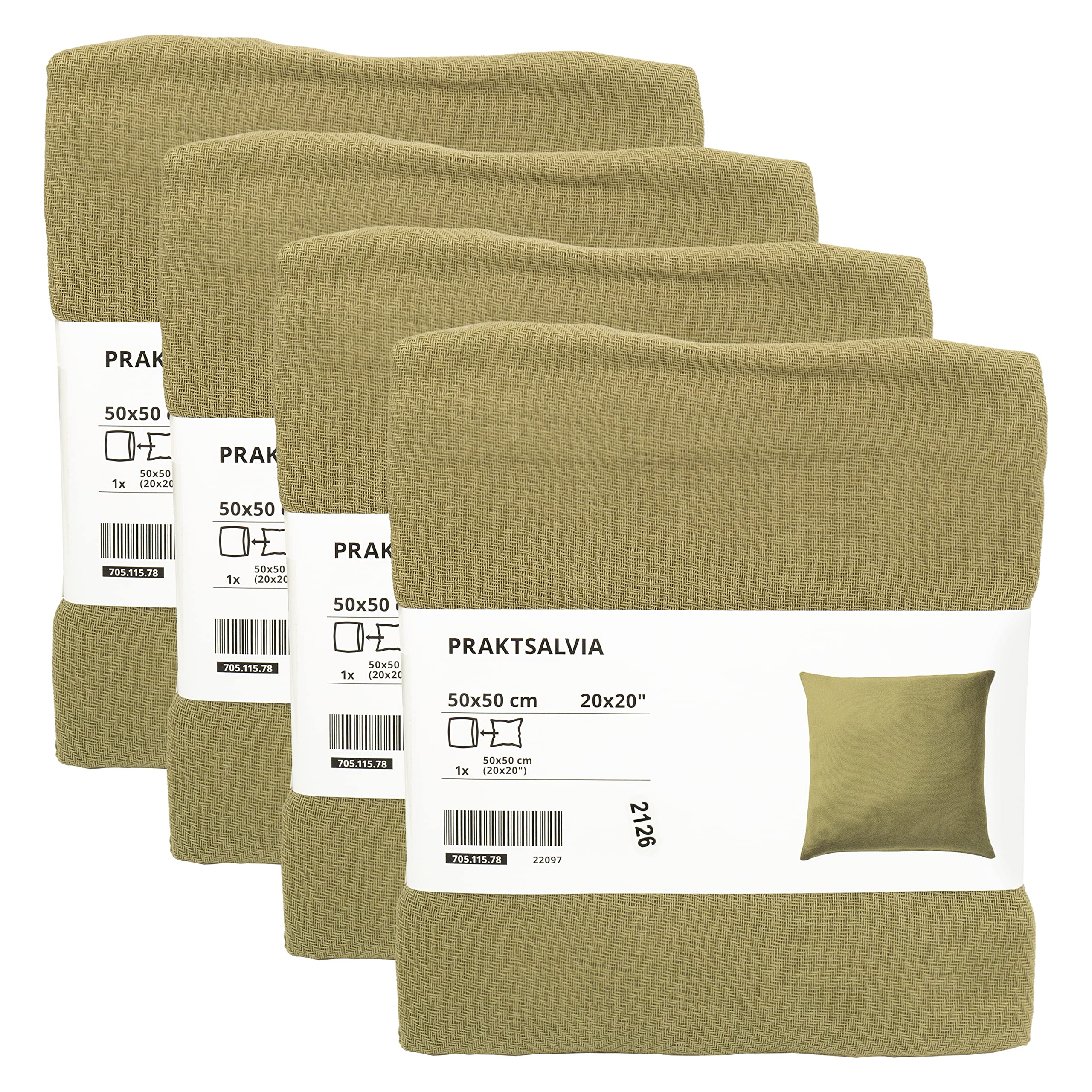 Ikea PRAKTSALVIA Basic Cushion Covers, Light Grey-Green, 50x50 Centimetres (20x20 Inches), 100% Cotton, Envelope Close, 705.115.78 - Set of 4