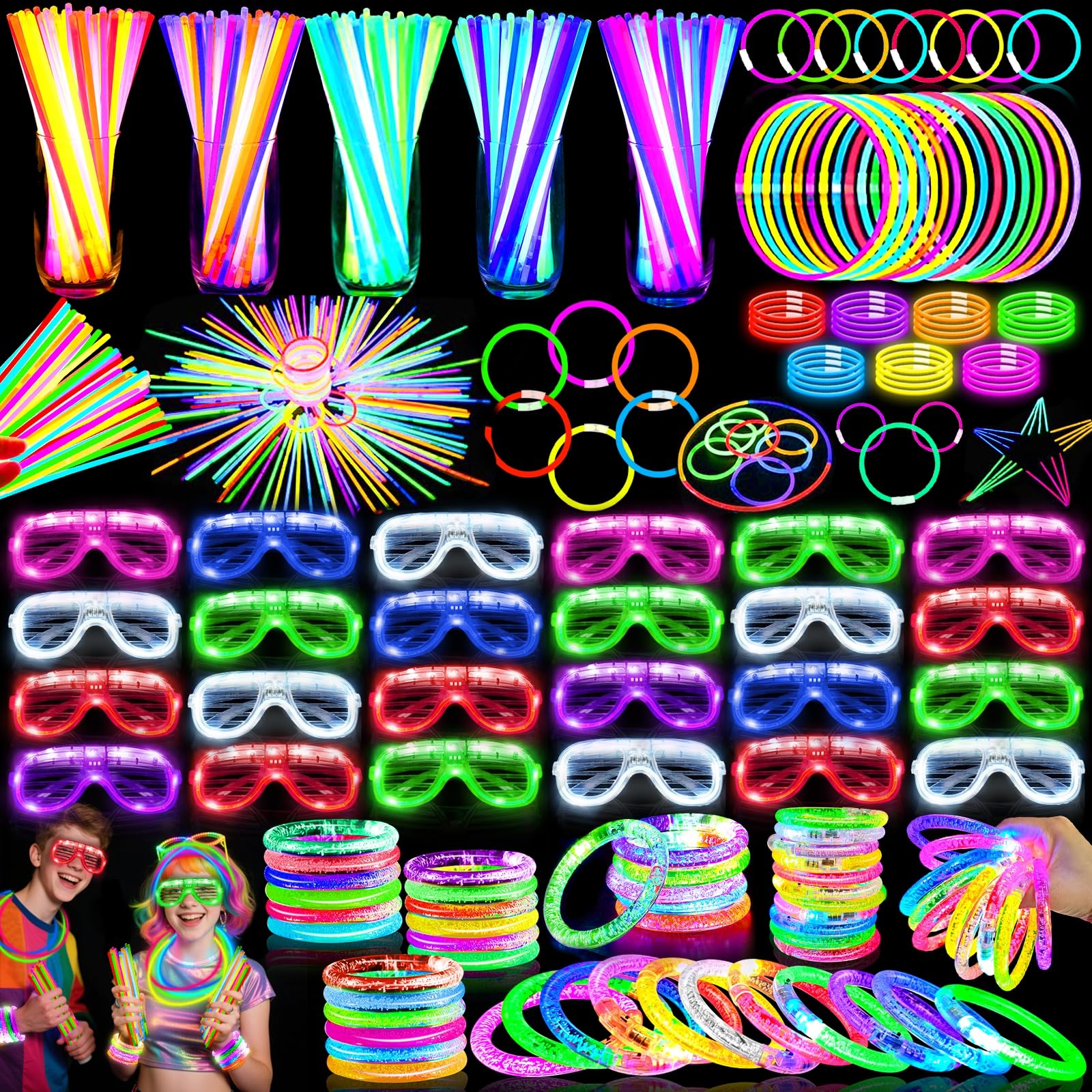 Photo 1 of TURNMEON 148 PCS Glow in the Dark Party Supplies Light Up Toys with 24 Led Glasses, 24 Flashing Bracelets and 100 Glow Sticks Bulk Party Favors for Kid Birthday Wedding Carnivals Concert Halloween