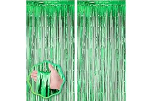 Voircoloria 2 Pack Green Foil Fringe Backdrop Curtains, Tinsel Streamers Birthday Party Decorations, Fringe Backdrop for Graduation, Baby Shower, Gender Reveal, Disco Party