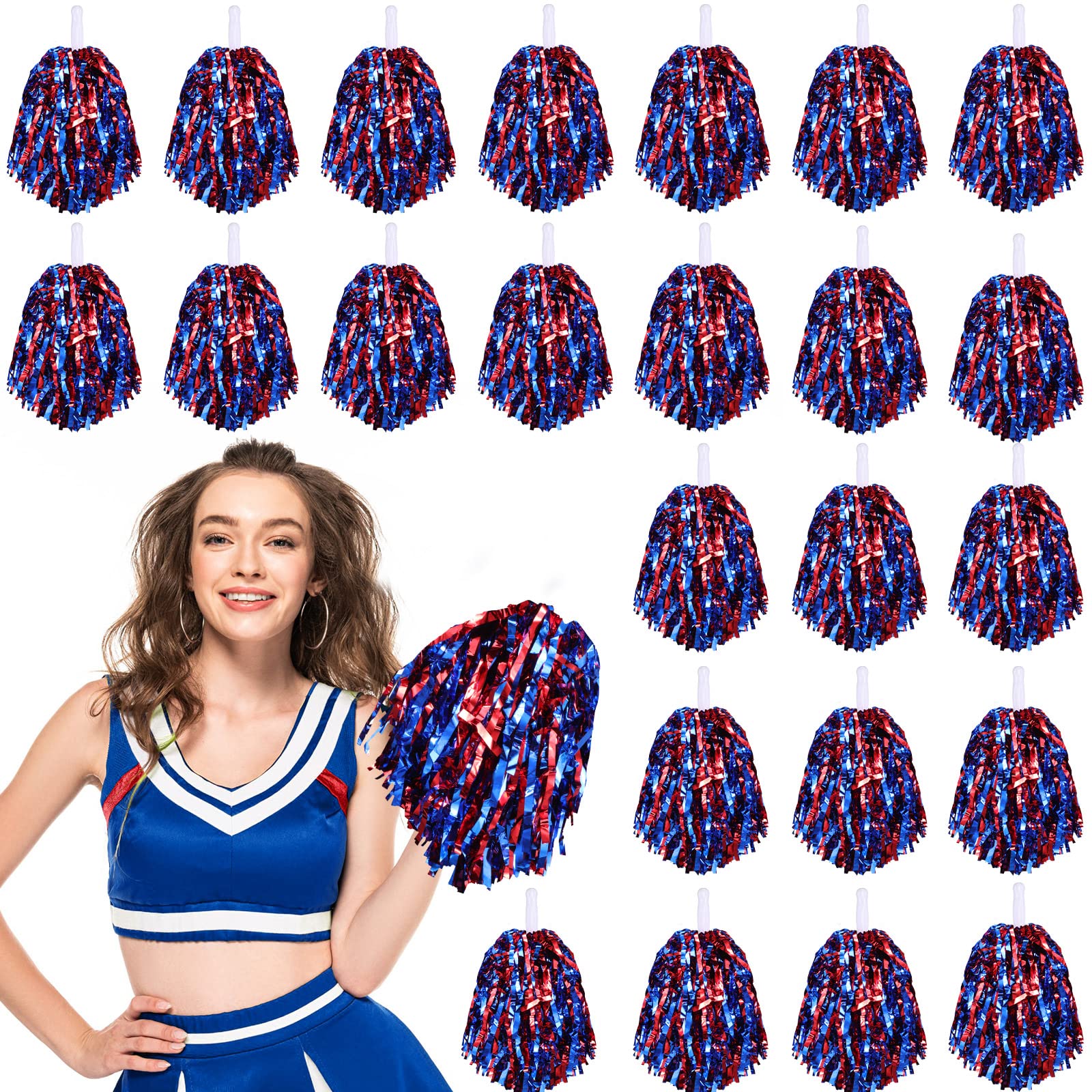 Photo 1 of 24 Pcs Pom Poms Cheerleading Cheerleader Spirited Cheer Baton Handle Metallic Foil for Sports Team Party Dance Cheering(Red, Blue)