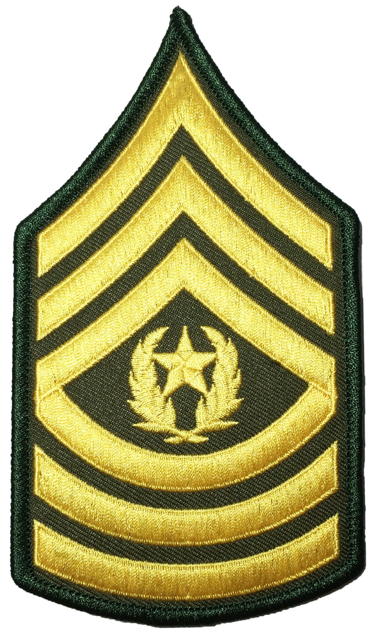 Papapatch U.S. Army Sergeant E-9 Major Rank Chevrons Stripes Uniform Sew on Iron on Arm Shoulder Applique Embroidered Patch - Gold on Green (1 Piece) (E9-GG)