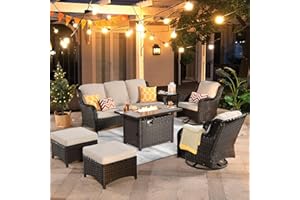ovios Patio Furniture Set, 7 Piece Outdoor Wicker Swivel Rocking Chairs with Rectangle Propane Fire Pit Table, All Weather High Back Sofa Set, Brown Rattan Beige