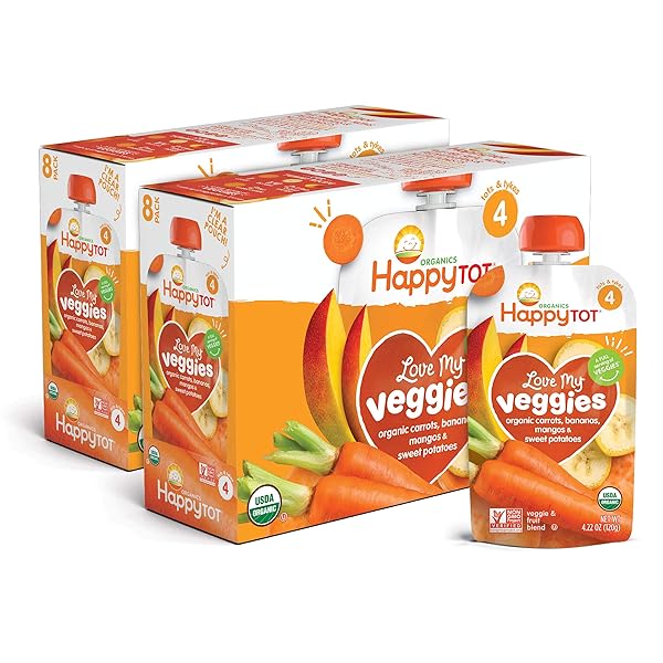 HAPPY TOT ORGANICS STAGE 4 BABY FOOD POUCHES, GLUTEN FREE, VEGAN SNACK, LOVE MY VEGGIES, FRUIT & VEGGIE PUREE, CARROT, BANANA, MANGO & SWEET POTATO, 4.22 OUNCE (PACK OF 8)