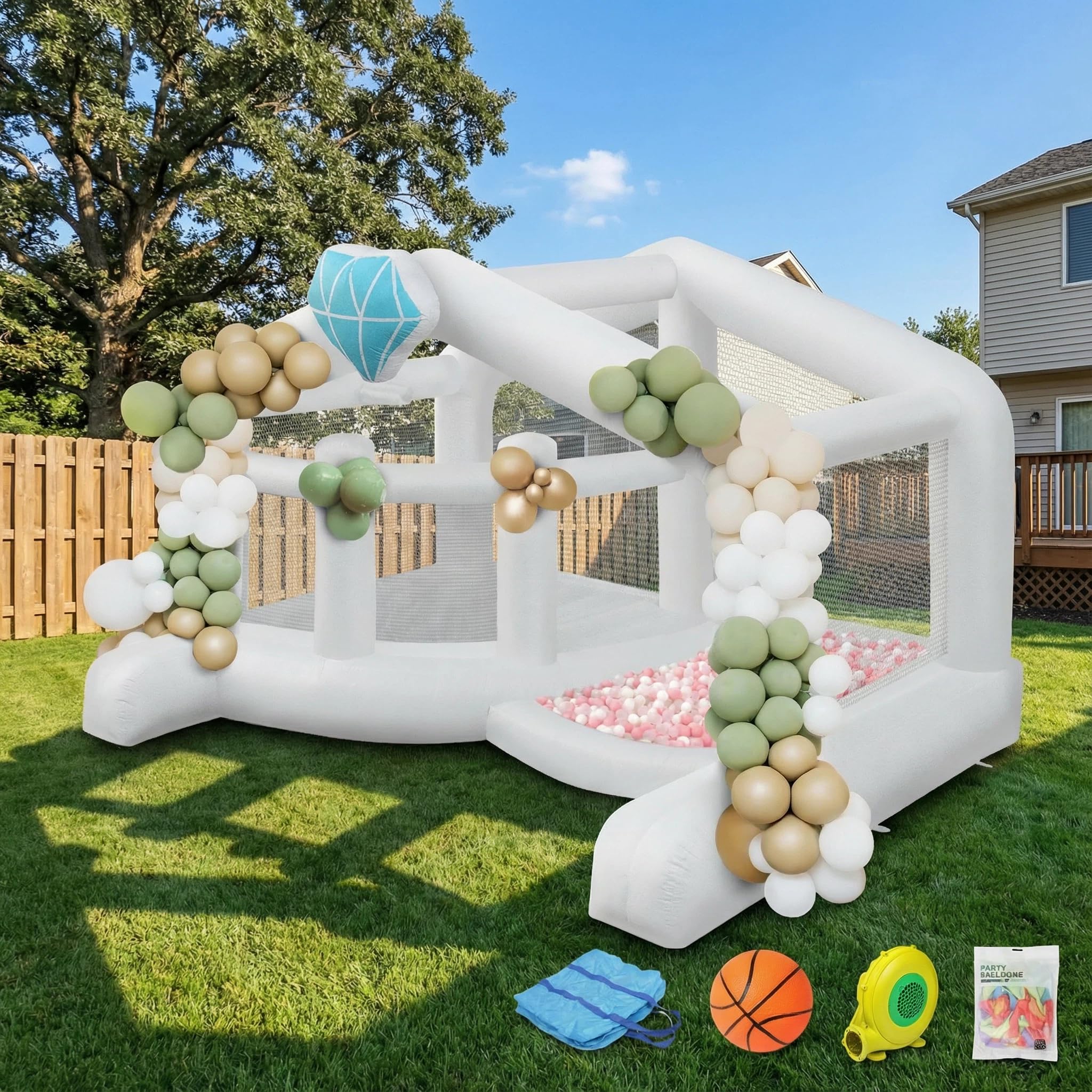 Photo 1 of (2025 New) JOYMOR Giant Bounce House (13x10x8FT) w/Balloons for Outdoor Party, White Bounce House with Ball Pit for Kids, Including Blower, Portable Bag, 30s Set-up (Wedding)