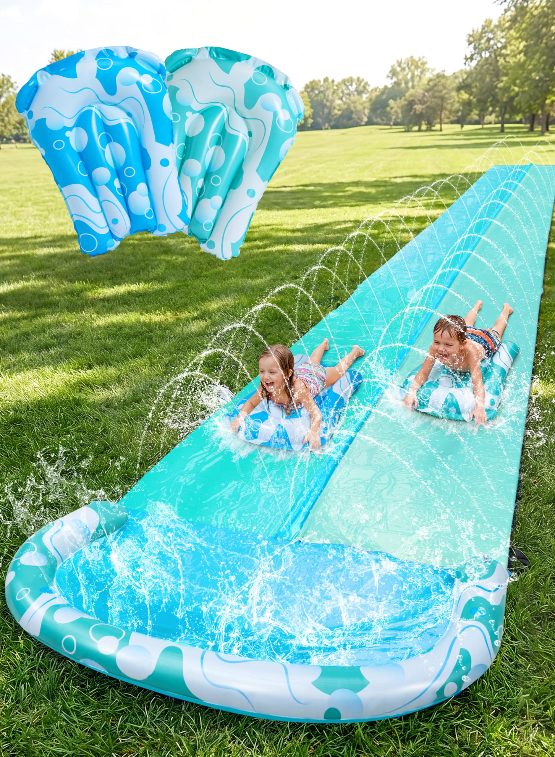 JOYIN 32.5ft/990.6cm Water Slide and 2 Inflatable Boards, Extra Long Slip n Slide Heavy Duty Double Lawn Waterslide with Sprinkler for Kids Adults Backyard Summer Water Toy Outdoor Fun,Blue,Light Blue