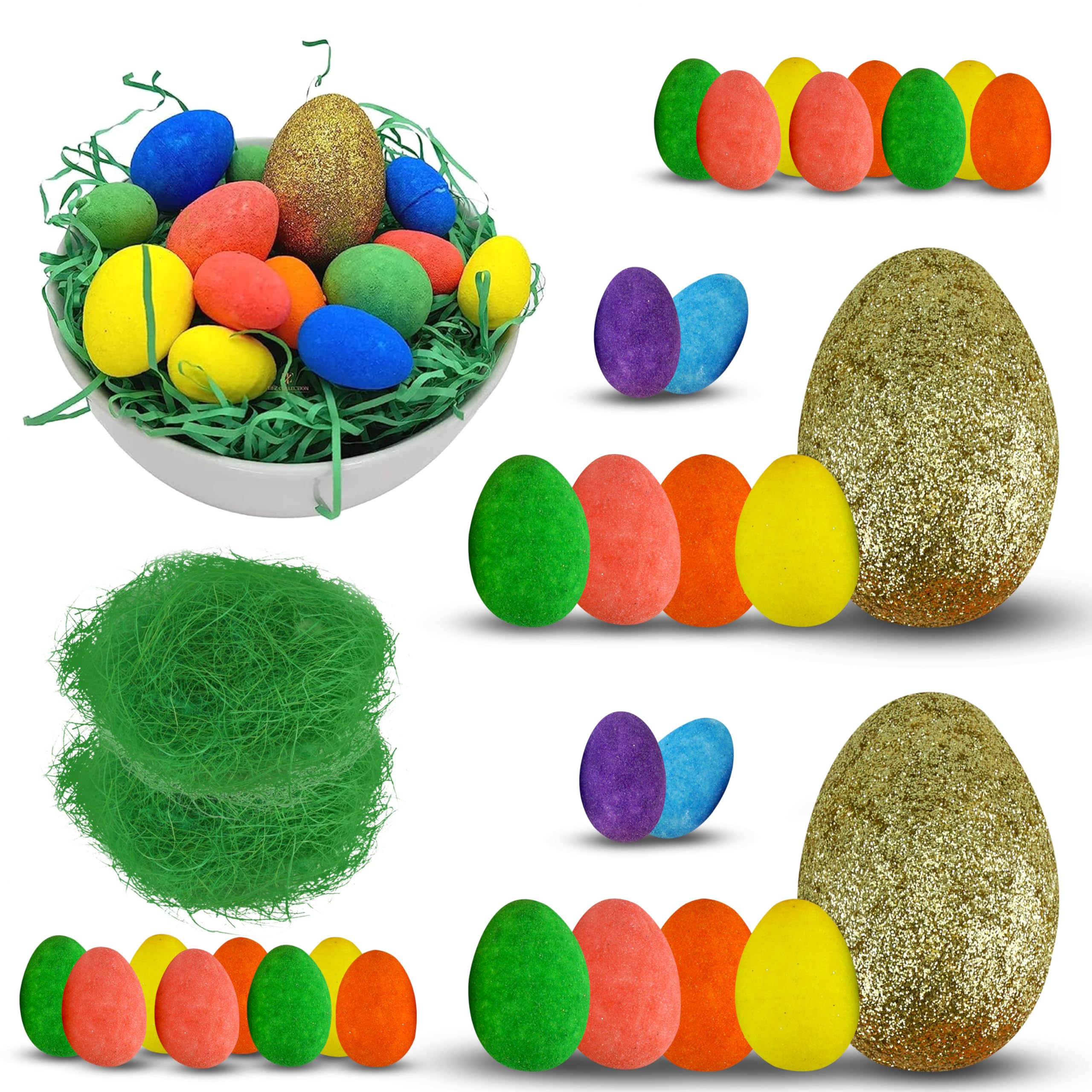 32PCs Glitter Easter Eggs Decoration - Large Golden Eggs with Coloured Glitter Eggs and Grass, Hoppy Easter Foam Eggs Ornaments for Easter Craft Eggs