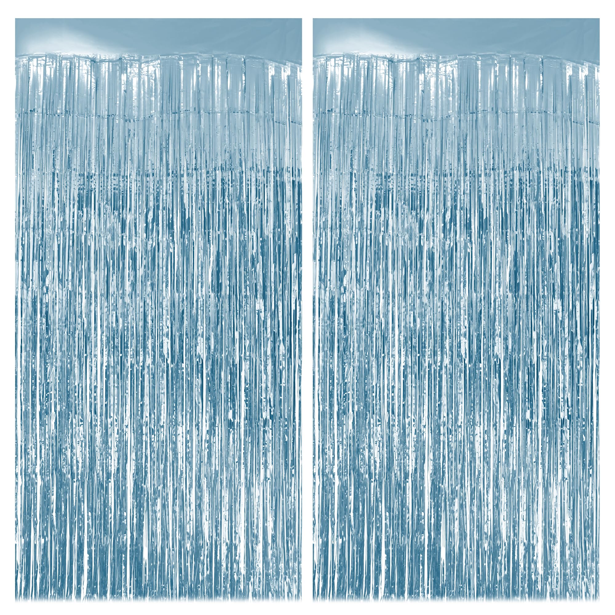 Photo 1 of 2 Pack Light Blue Fringe Backdrop, 3.2x8.2ft Shining Foil Tinsel Curtains, Birthday Party Decorations Door Streamers for Halloween, Christmas, Wedding, Graduation, Holiday, Theme Events