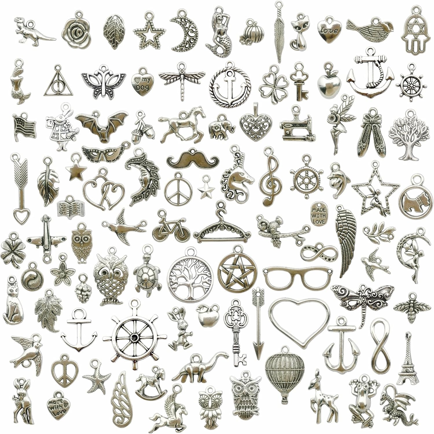 100g (About 100pcs) Craft Supplies Small Antique Silver Charms Pendants for Crafting, Jewelry Findings Making Accessory for DIY Necklace Bracelet (M097)