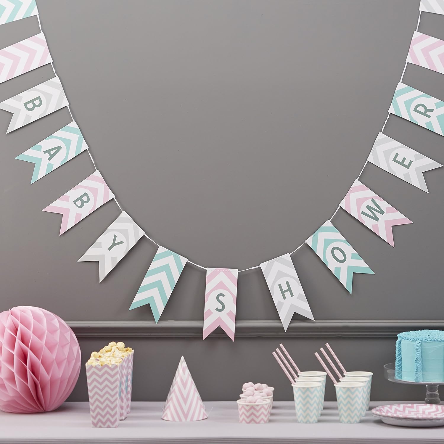Ginger Ray Baby Shower Chevron Pink Grey Blue Party Bunting