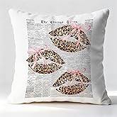Fyecoluo Pink Bow Leopard Lips Pillow Covers 18x18, Cheetah Print Room Decor, Retro Trendy Girly Leopard Kiss Lips Decorative Throw Pillow Covers for Home Bedroom Girls Room Dorm