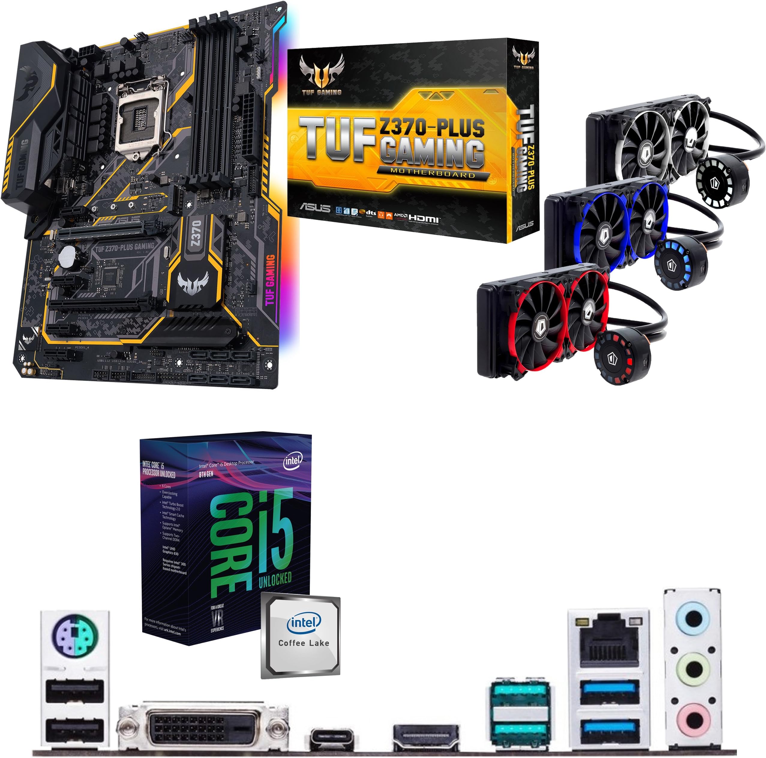 Intel Coffee Lake Core i5 8600K 4.9GHz Overclocked CPU, ASUS TUF Z370-PLUS GAMING Motherboard Pre-Built Bundle NO RAM & ID Cooling FrostFlow 240mm Liquid Cooler Pre-Built Bundle