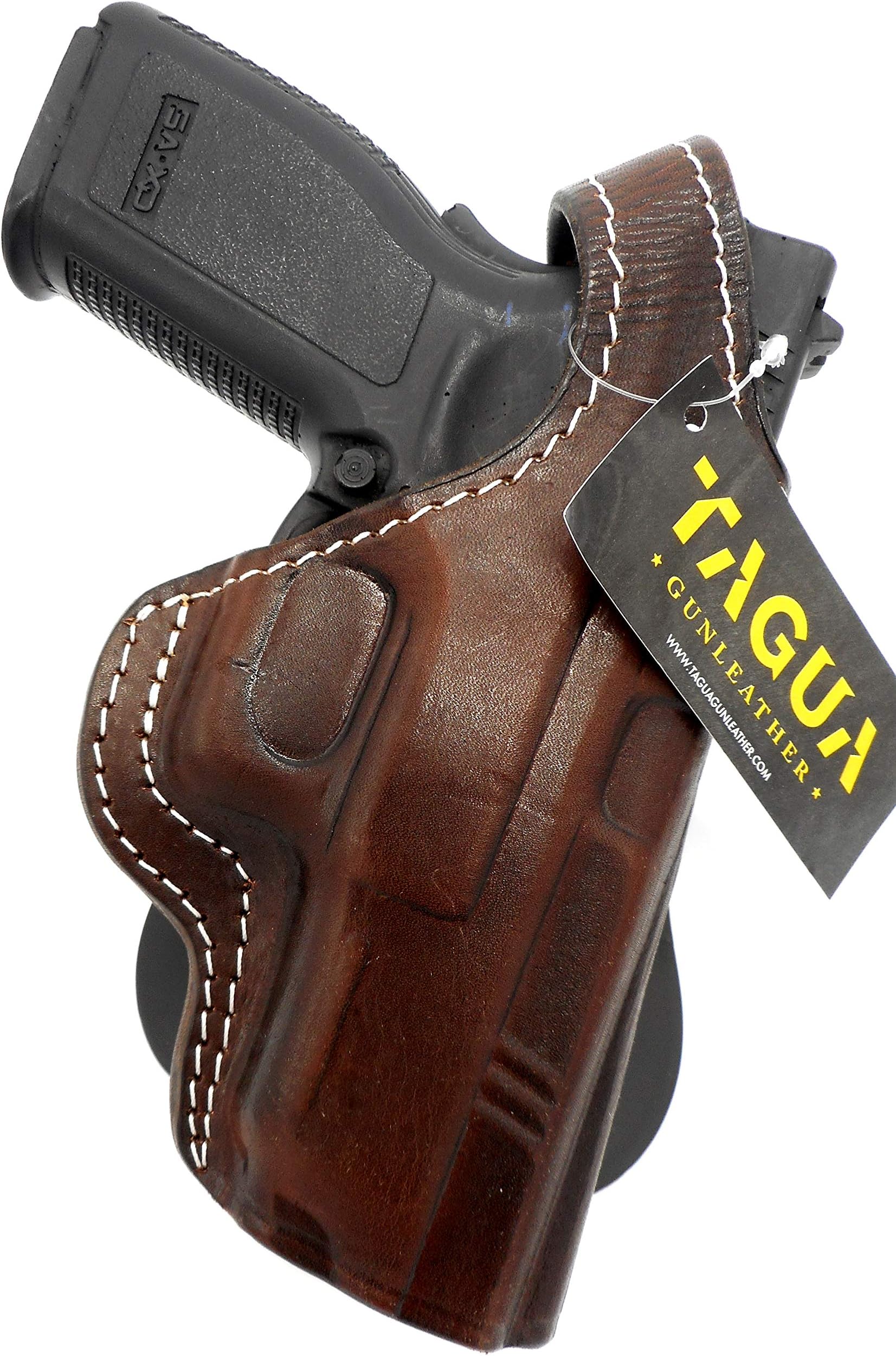 HOLSTERMART USA by TAGUA Premium Deluxe Right Hand Rotating Paddle and Belt Slide Holster with Reinforced Thumb Break in Dark Brown Leather for Springfield Armory XD 9 40, 4"