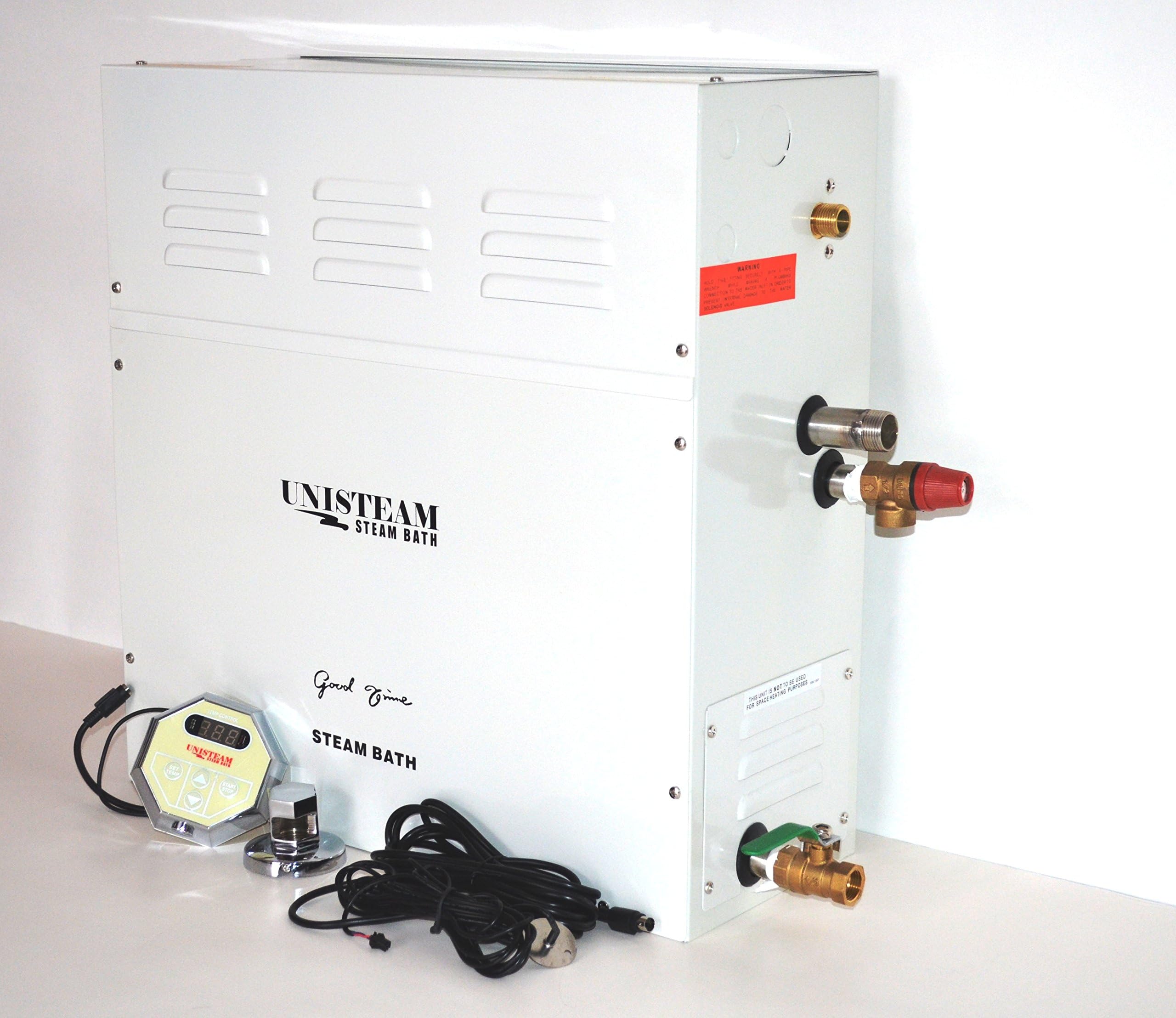FULL SET: RESIDENTIAL UNISTEAM 12KW 240V HOME SPA SAUNA STEAM ROOM SHOWER BATH GENERATOR WITH TT-SERIES OUTER DIGITAL CONTROLLER, STEAM HEAD WITH AROMA OIL RESERVOIR, MANUAL DRAIN VALVE, BRASS SAFETY PRESSURE RELIEF AND WATER INLET ELECTROMAGNETIC VALVES
