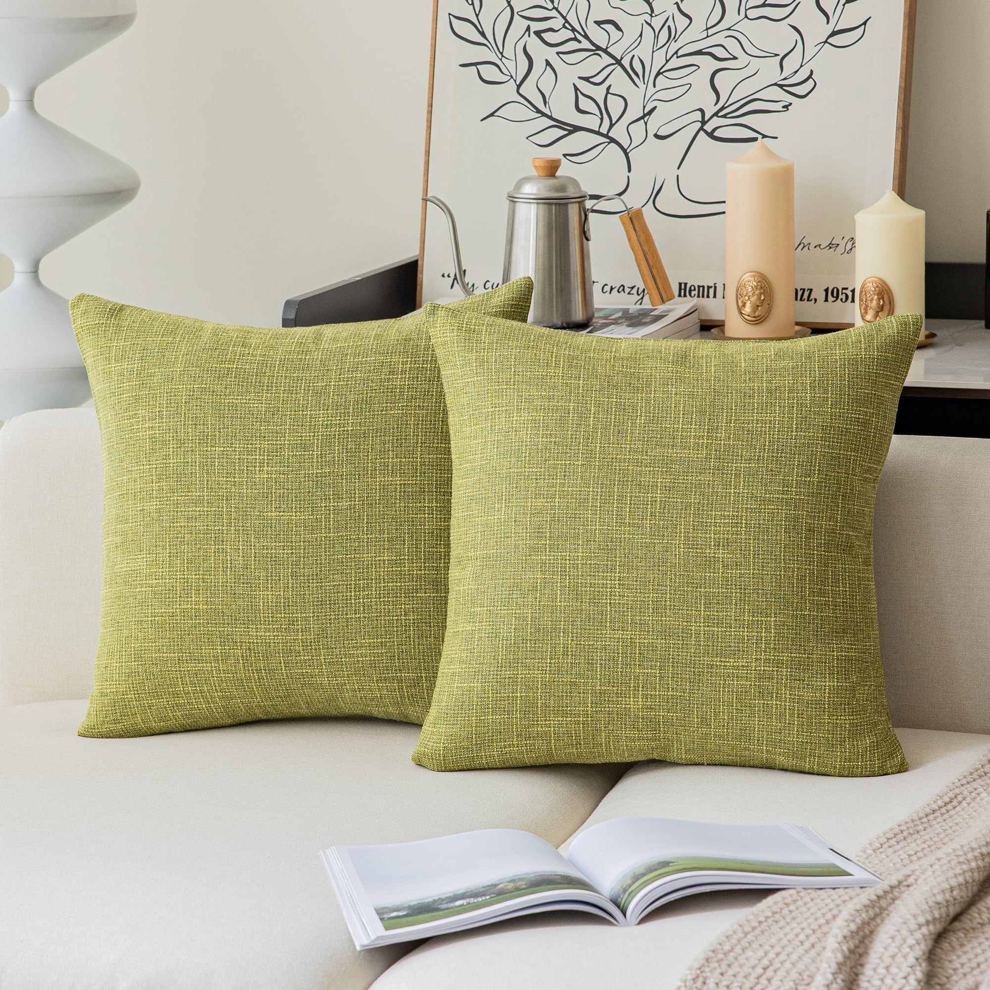 Photo 1 of Kevin Textile Pillow Case Faux Linen Toss Soft Throw Cushion Covers for Couch, Invisible Zipper, 22x22 inches(Set of 2, Linden Green)