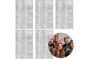 K.E.J. 5 Pack Foil Curtain Backdrop Silver Metallic Tinsel Foil Fringe Curtains Photo Booth Props for Birthday Wedding Engagement Baby Shower Bachelorette Christmas Holiday Celebration Party Decorations