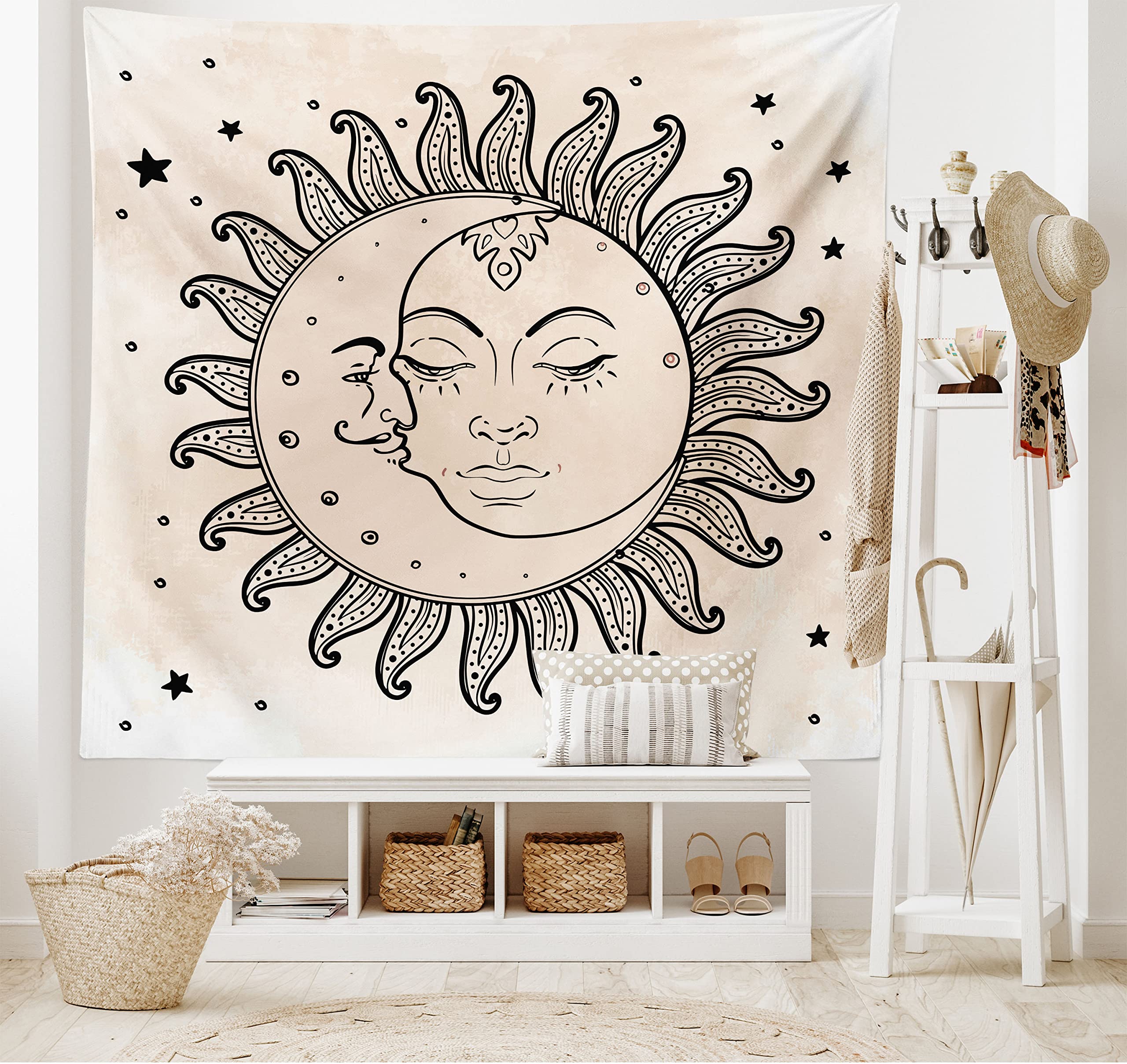 ABAKUHAUS Sketchy Tapestry, Sun and Moon Celestial Composition Day`s Cycle Mystical Inspiration, Fabric Wall Hanging Decor for Bedroom Living Room Dorm, 90 W X 54 L, Charcoal Grey Tan
