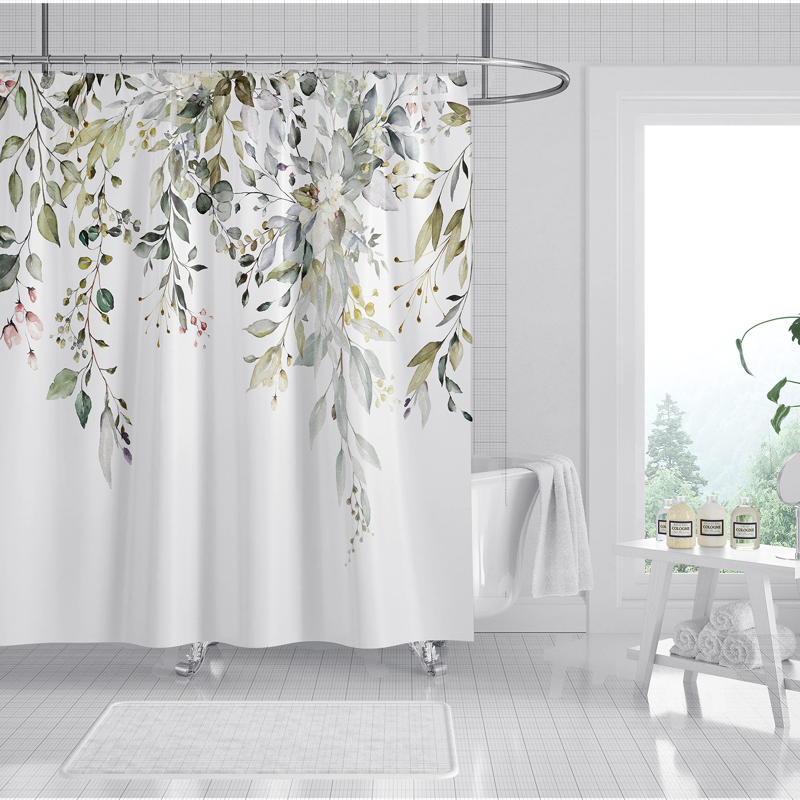 Leaves Shower Curtain 180 x 180 cm Green Leaf Plant Bathroom Curtain Waterproof Mildew & Mould Resistant Polyester Fabric Bath Curtain with 12 Hooks — image 1