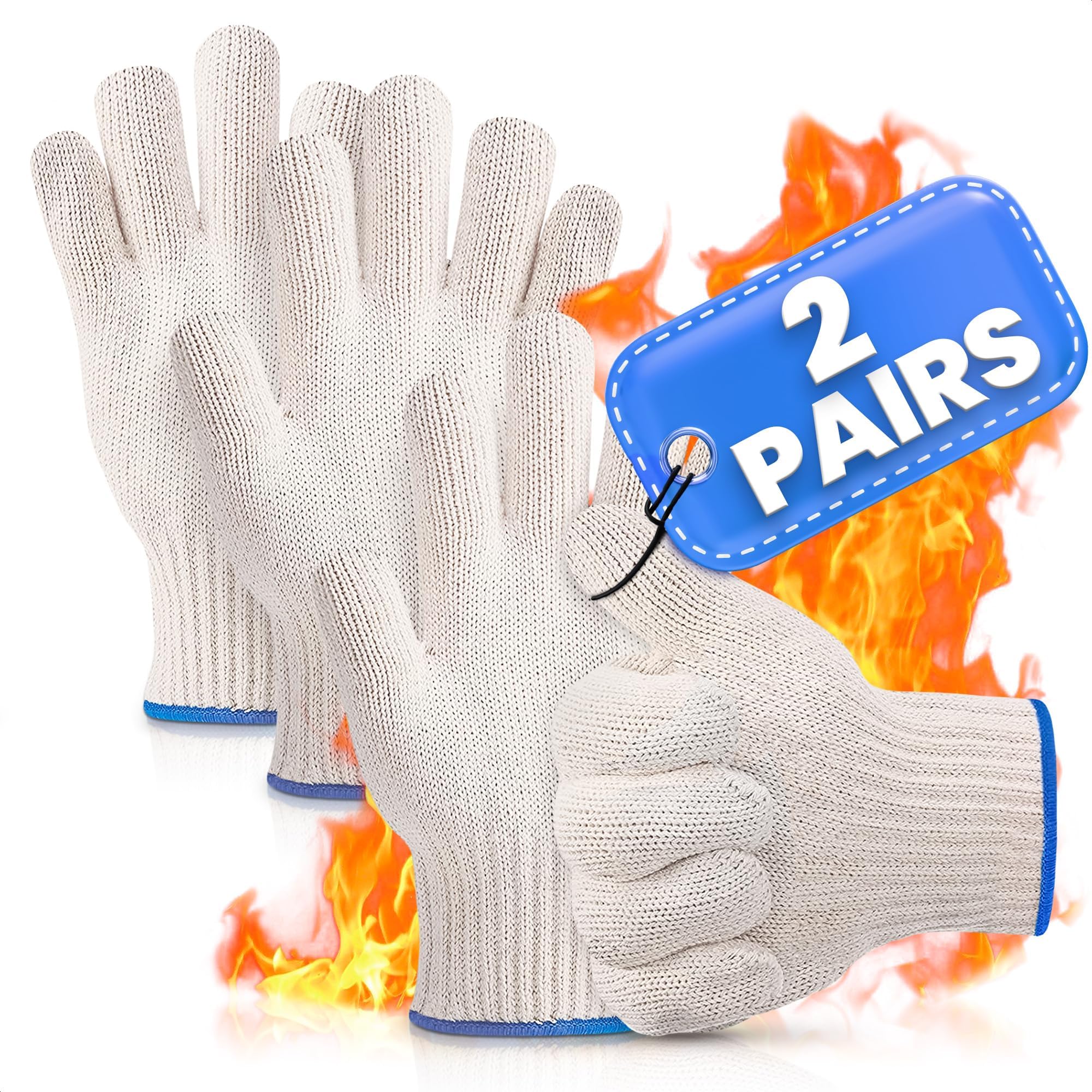 Photo 1 of 2 Pairs Heat Resistant Gloves for Grilling - 9.45 Inch Durable Aramid Oven Gloves with Fingers - Full Hand Protection, Functionality, Easy to Use, Multipurpose for Baking, Roasting, Frying, and More