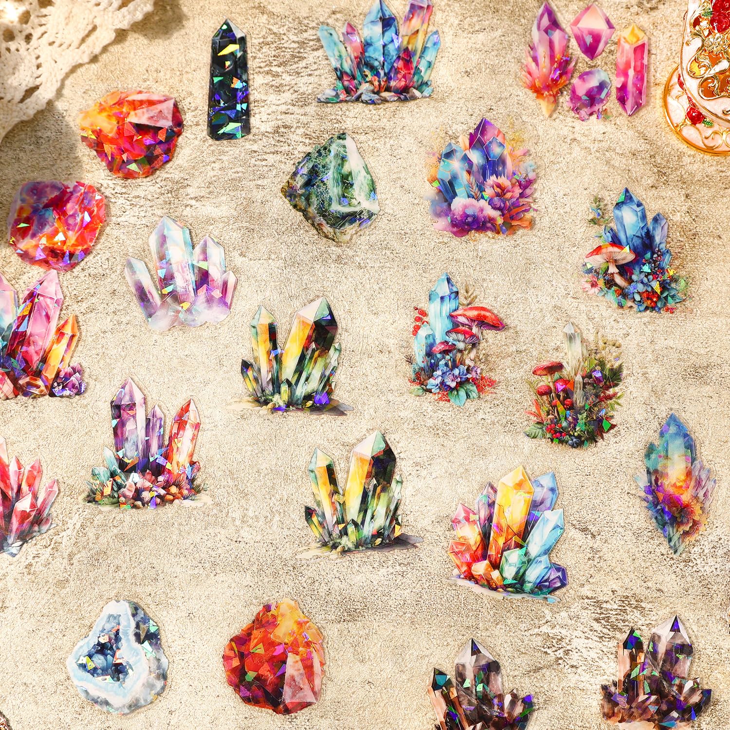 Photo 1 of 160-Piece Holographic Glitter Fantasy Crystal & Gemstone Sticker Pack – Waterproof Transparent Colorful Watercolor Crystals, Mystical Gems Stickers for Scrapbooking, Journals, Resin Art Supplies