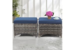 Gardenbee Patio Ottomans Set of 2 PE Wicker Steel Frame Outdoor Footstool with Removable Olefin Cushions for Patio, Backyard and Deck, Blue
