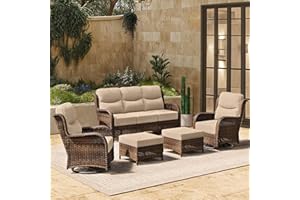 HILLGA Luxury High Back Patio Furniture Set with 6-Inch Thick Cushion, 5-Piece Outdoor Conversation Set with Sofa, Swivel Rocker Chairs & Ottomans, Ideal for Porch Pool Deck Yard (Beige)