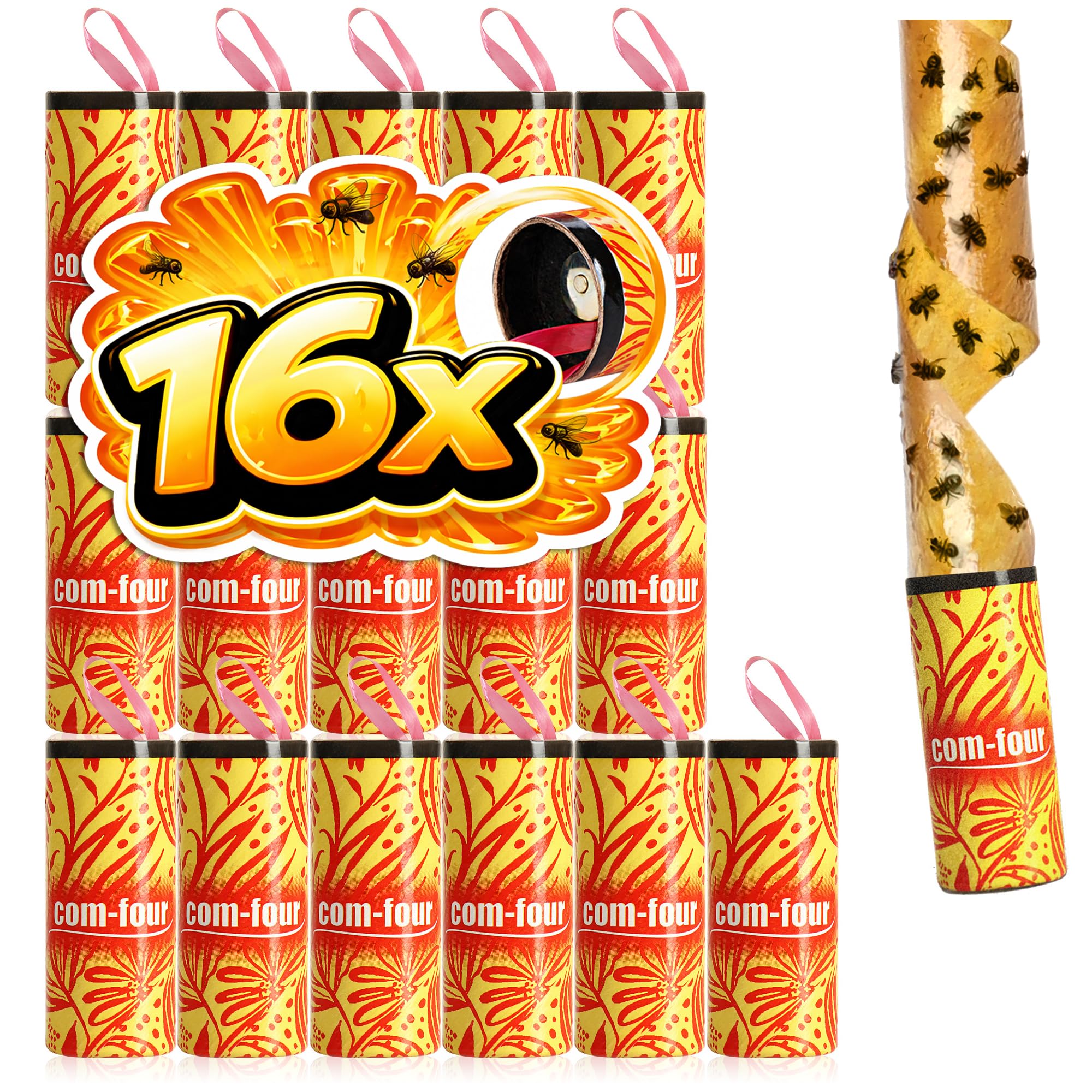 COM-FOUR® 16x premium fly catcher eco-natural adhesive trap - fly traps on a roll against insects such as flies, mosquitoes and moths - environmentally friendly organic trap